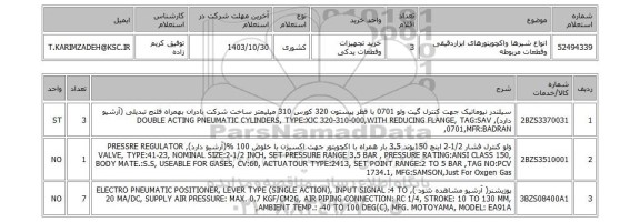 استعلام انواع شیرها واکچویتورهای ابزاردقیقی وقطعات مربوطه