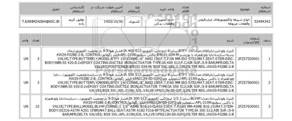 استعلام انواع شیرها واکچویتورهای ابزاردقیقی وقطعات مربوطه