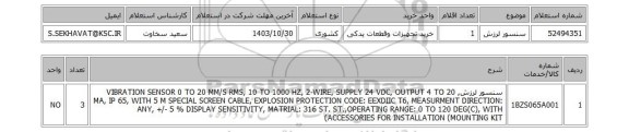 استعلام سنسور لرزش