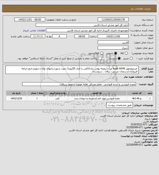 استعلام خریدوتحویل 6048 قطعه مرغ (نیمچه بومی  نژادکاکلی یا لاری 55روزه) جهت شهرستانهای بوانات،جهرم،خنج،خرامه فیروزآباد،ارسنجان نی ریز ، زرقان . سروستان