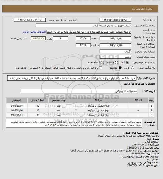 استعلام خرید 102 دستگاه انواع چراغ خیابانی//ایران کد کالا مشابه و مشخصات کالای درخواستی برابر با فایل پیوست می باشد.