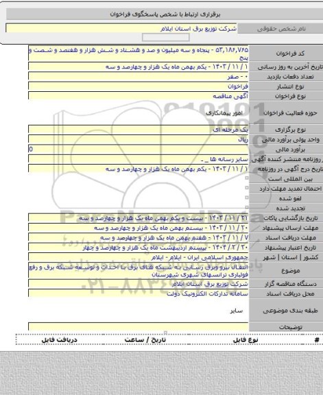 مناقصه, انتقال نیرو وبرق رسانی به شبکه های برق با احداث و توسعه شبکه برق و رفع فولباری ترانسهای شهری شهرستان