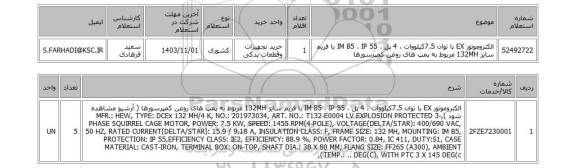 استعلام الکتروموتور EX با توان 7.5کیلووات ، 4 پل ، IM B5 ، IP 55 با فریم سایز 132MH مربوط به پمپ های روغن کمپرسورها