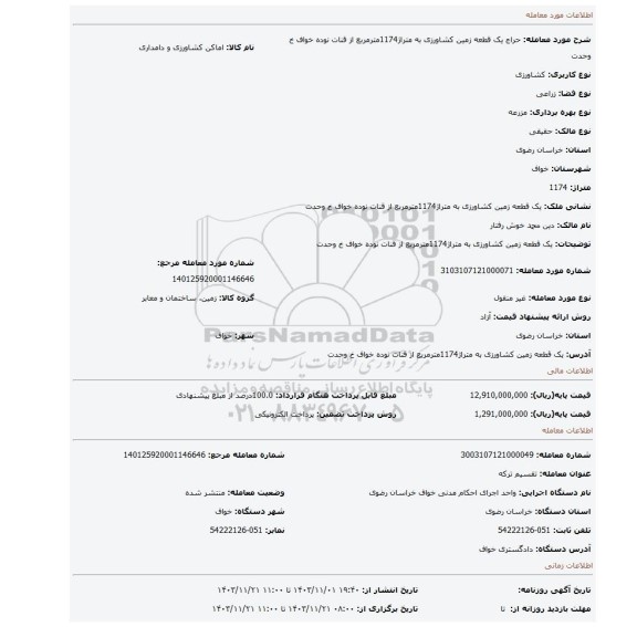 مزایده، یک قطعه زمین کشاورزی به متراژ1174مترمربع  از قنات نوده خواف خ وحدت