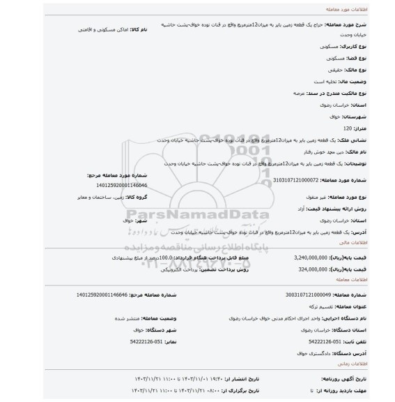 مزایده، یک قطعه زمین بایر به میزان12مترمربع واقع در قنات نوده خواف-پشت حاشیه خیابان وحدت