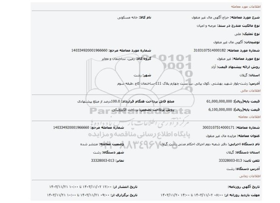 مزایده، آگهی  مال غیر منقول