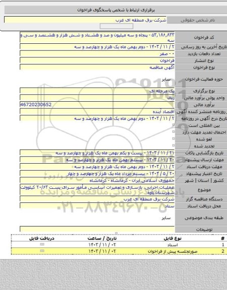 مناقصه, عملیات اجرایی، بازسازی و تعمیرات اساسی مأمور سرای پست ۲۰/۶۳ کیلوولت شهرستان پاوه