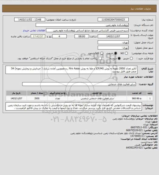 استعلام آنالیز تعداد 2950 نمونه به روش ICP/MS و طلا به روش Fire Assay , و همچنین آماده سازی ( خردایش  و نرمایش نمونه) 54 عنصر طبق فایل پیوست