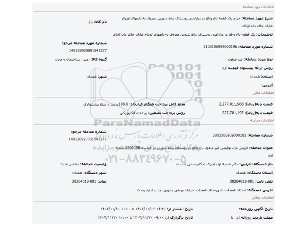 مزایده، یک قطعه باغ واقع در دراراضی روستای رباط شورین معروف به باغهای تورپاخ غازان چای دان اوتای