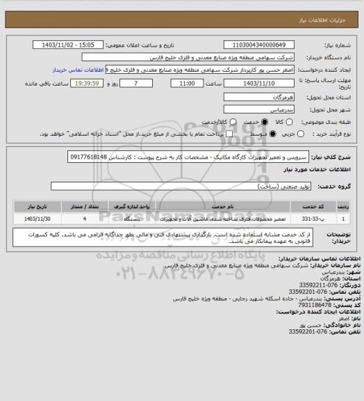 استعلام سرویس و تعمیر تجهیزات کارگاه مکانیک - مشخصات کار به شرح پیوست : کارشناس 09177618148