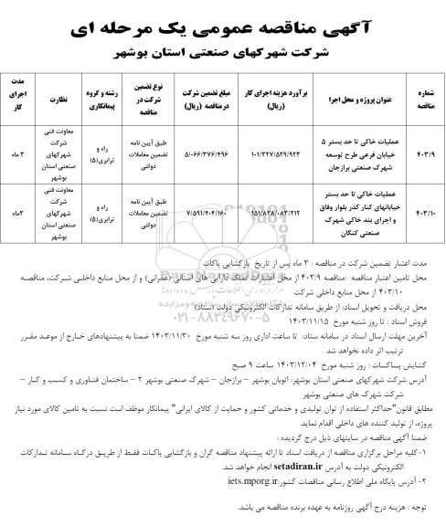 مناقصه عملیات خاکی تا حد بستر 5 خیابان فرعی طرح توسعه شهرک صنعتی...