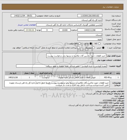 استعلام خرید قطعات جهت ماشین آلات مکانیزه و درزینها برابر درخواست پیوست