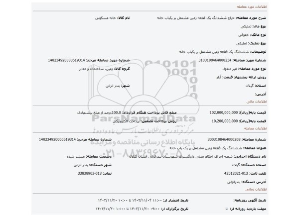 مزایده، ششدانگ یک قطعه زمین مشتمل بر یکباب خانه