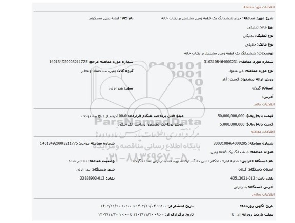 مزایده، ششدانگ یک قطعه زمین مشتمل بر یکباب خانه