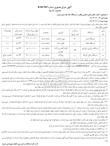 حراج حضوری اجاره مکان های تجاری واقع در خط یک مترو 