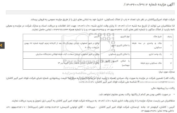 مزایده فروش تعداد 3 باب از املاک مسکونی - اداری