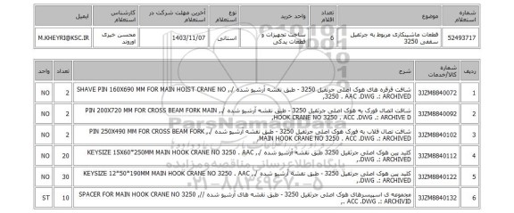 استعلام قطعات ماشینکاری مربوط به جرثقیل سقفی 3250