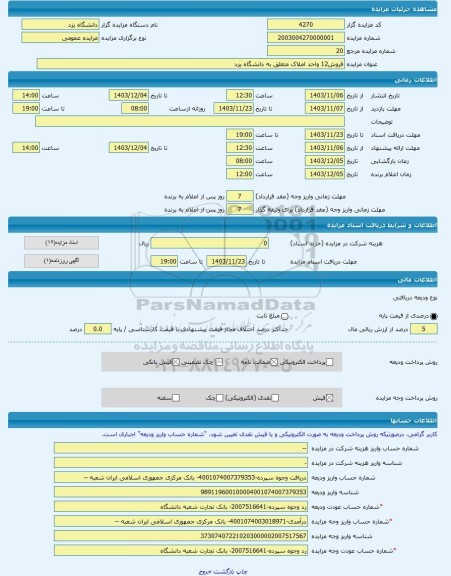 مزایده ، فروش12 واحد املاک متعلق به دانشگاه یزد  -مزایده ساختمان  - استان یزد