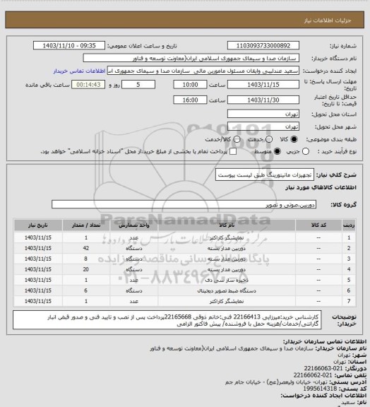 استعلام تجهیزات مانیتورینگ طبق لیست پیوست