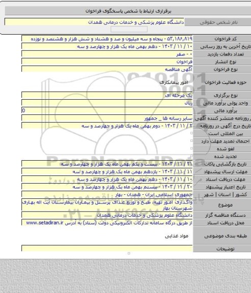 مناقصه, واگذاری امور تهیه، طبخ و توزیع غذای پرسنل و بیماران بیمارستان آیت اله بهاری شهرستان بهار