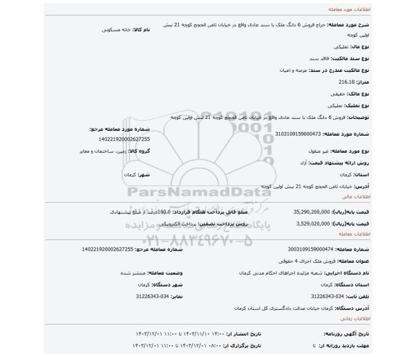 مزایده، فروش 6 دانگ ملک با سند عادی واقع در خیابان ثامن الحجج کوچه 21 نبش اولین کوچه