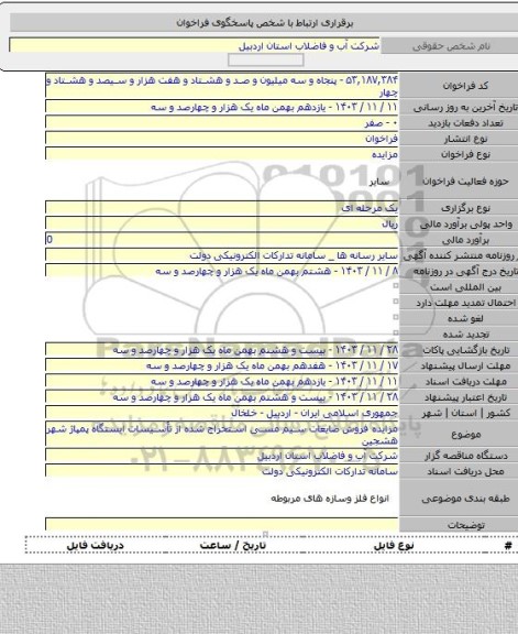 مزایده, مزایده فروش ضایعات سیم مسی استخراج شده از تأسیسات ایستگاه پمپاژ شهر هشجین