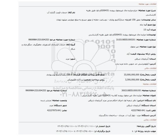 مزایده، مزایده مال غیرمنقول پرونده 0200431ج اول   طبق نظریه کارشناسی