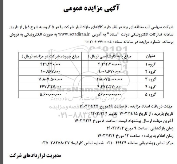 مزایده فروش کالاهای مازاد انبار شرکت