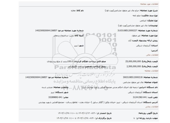 مزایده، مال غیر منقول مشاعی(نوبت اول)