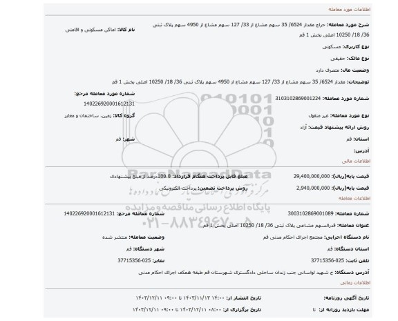 مزایده، مقدار 6524/ 35 سهم مشاع از 33/ 127 سهم مشاع از 4950 سهم پلاک ثبتی 36/ 18/ 10250 اصلی بخش 1 قم