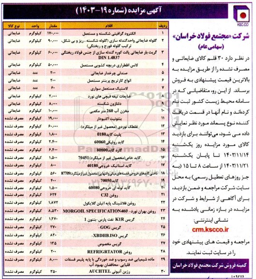 مزایده فروش 30 قلم کالای ضایعاتی و مصرف نشده ...