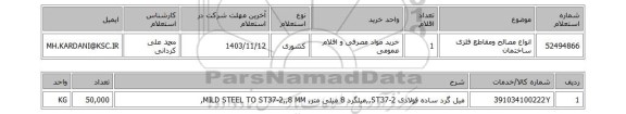 استعلام انواع مصالح ومقاطع فلزی ساختمان