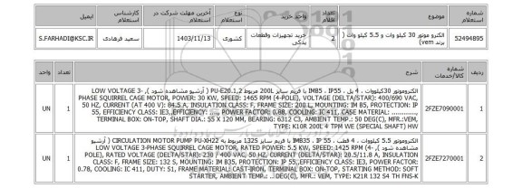 استعلام الکترو موتور 30 کیلو وات و 5.5 کیلو وات ( برند vem)