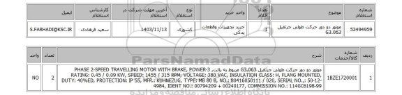 استعلام موتور دو دور حرکت طولی جرثقیل G3.063