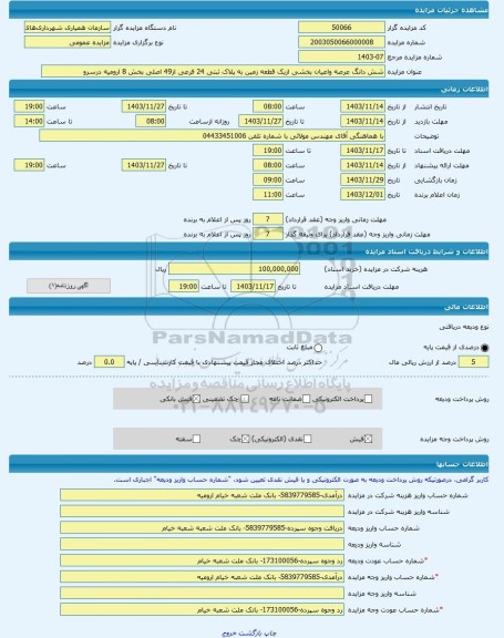 مزایده ، شش دانگ عرصه واعیان بخشی ازیک قطعه زمین به پلاک ثبتی 24 فرعی از49 اصلی بخش 8 ارومیه درسرو -مزایده زمین  - استان آذربایج