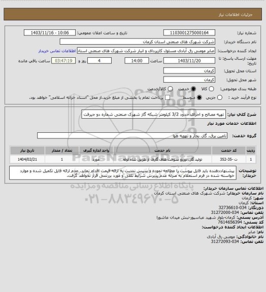 استعلام تهیه مصالح و اجرای حدود 3/2 کیلومتر شبکه گاز شهرک صنعتی شماره دو جیرفت