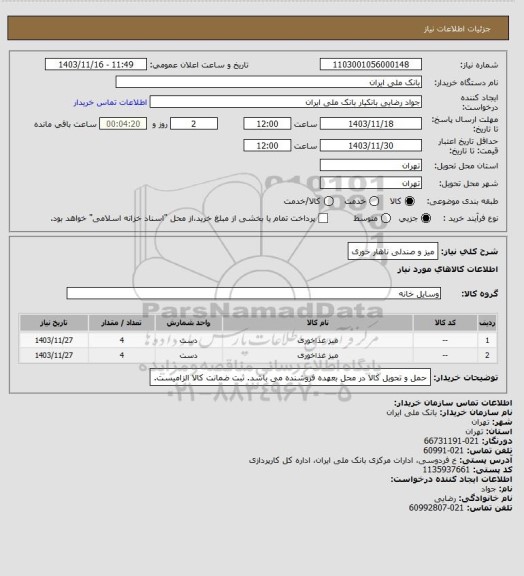 استعلام میز و صندلی ناهار خوری