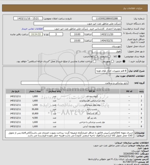 استعلام 8 قلم تجهیزات کمک های اولیه