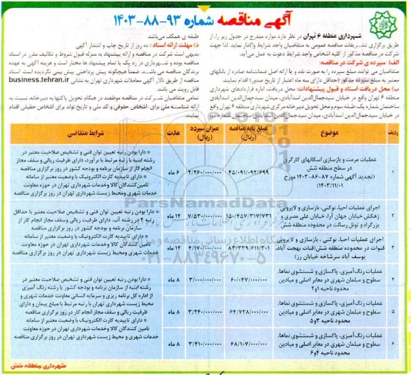 مناقصه عملیات مرمت و بازسازی اسکانهای کارگری در سطح منطقه شش ...