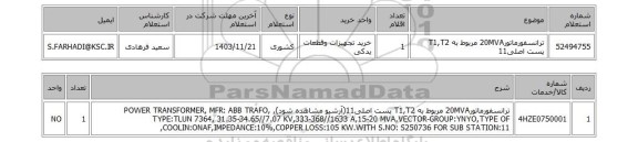 استعلام ترانسفورماتور20MVA مربوط به T1,T2 پست اصلی11