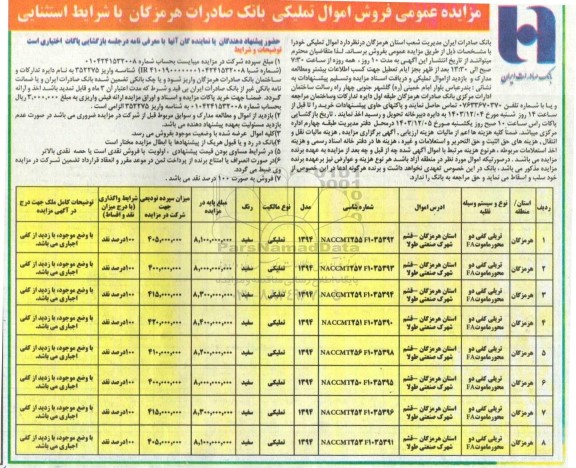 مزایده عمومی فروش اموال تملیکی بانک صادرات...