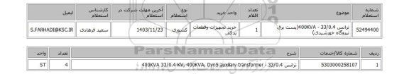 استعلام ترانس 33/0.4 -  400KVA(پست برق نیروگاه خورشیدی)