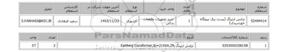 استعلام ترانس ارتینگ (پست برق نیروگاه خورشیدی)