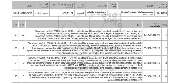 استعلام سوییچ دیسکانکت (پست برق نیروگاه خورشیدی)