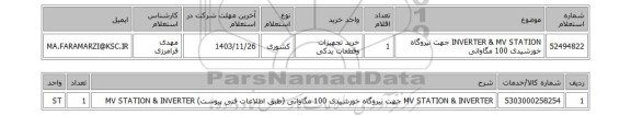 استعلام INVERTER & MV STATION جهت نیروگاه خورشیدی 100 مگاواتی