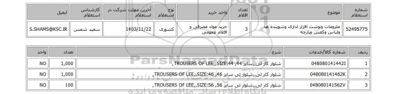 استعلام ملزومات ونوشت افزار اداری وشوینده ها ولباس وکفش وپارچه