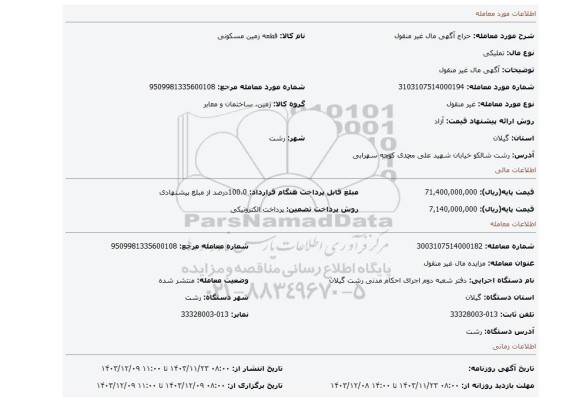 مزایده، آگهی  مال غیر منقول