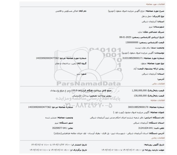 مزایده، آگهـی مـزایده امـوال منقول (خودرو)