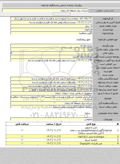 مناقصه, واگذاری عملیات اصلاح و بهینه سازی پست ۲۰/۶۳ کیلوولت بیدستان- مناقصه ۱۴۰۳/۱۸