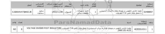 استعلام مقره خازنی تابلویی در ورودی ولتاژ به ساب استیشن با تحمل ولتاژ نامی 7.2 کیلو ولت